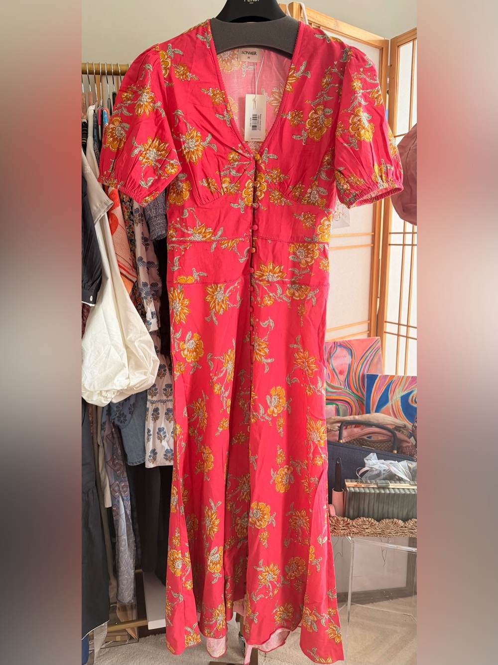 NWT Sonmer Poppy Coral Floral Midi Dress XS Button Front Puff Sleeve